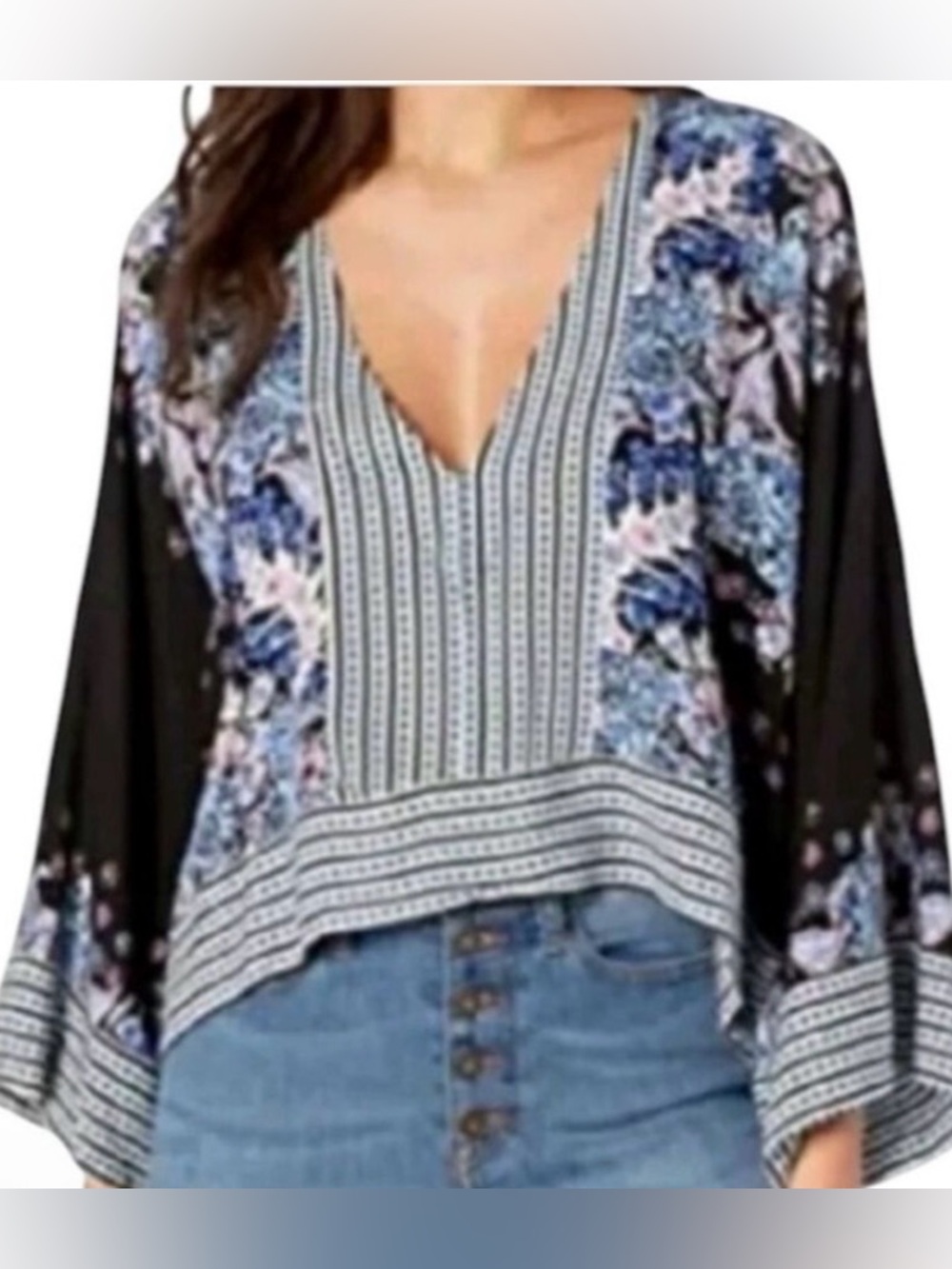 Free People Kimono Blue/Pink Floral w/ Stripe Patterns, Oversized, 24”L, PTP 26”